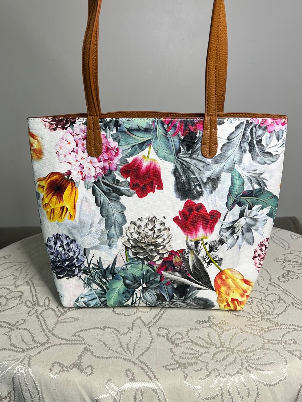 Reversible Floral Canvas Tote with Brown Handles
